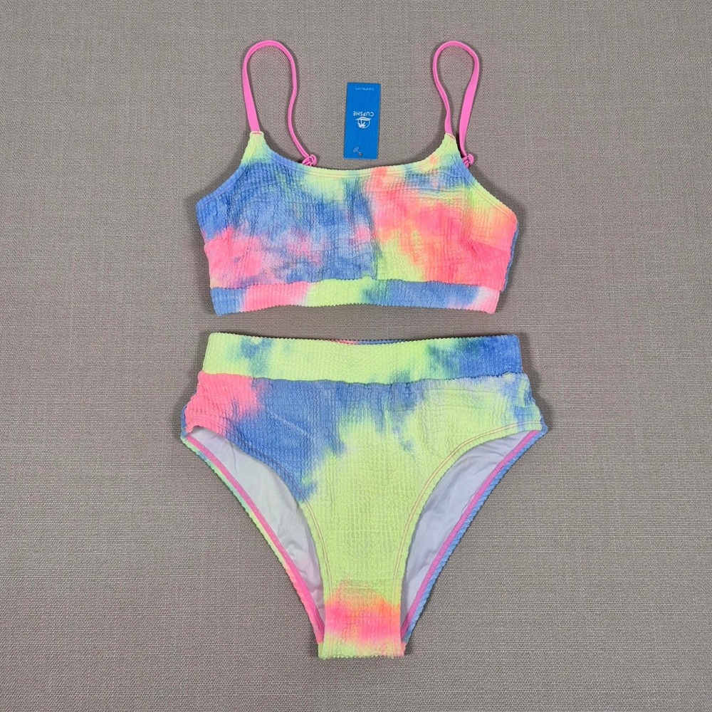 Cupshe Womens Tie Dye Smocked‎ High Waisted Bikini Set Neon Pink Blue Yellow S